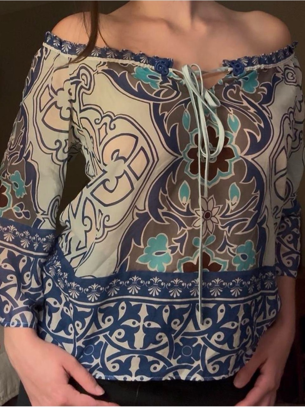 Hale Bob Off-Shoulder Paisley Print Blouse in Blue and Cream